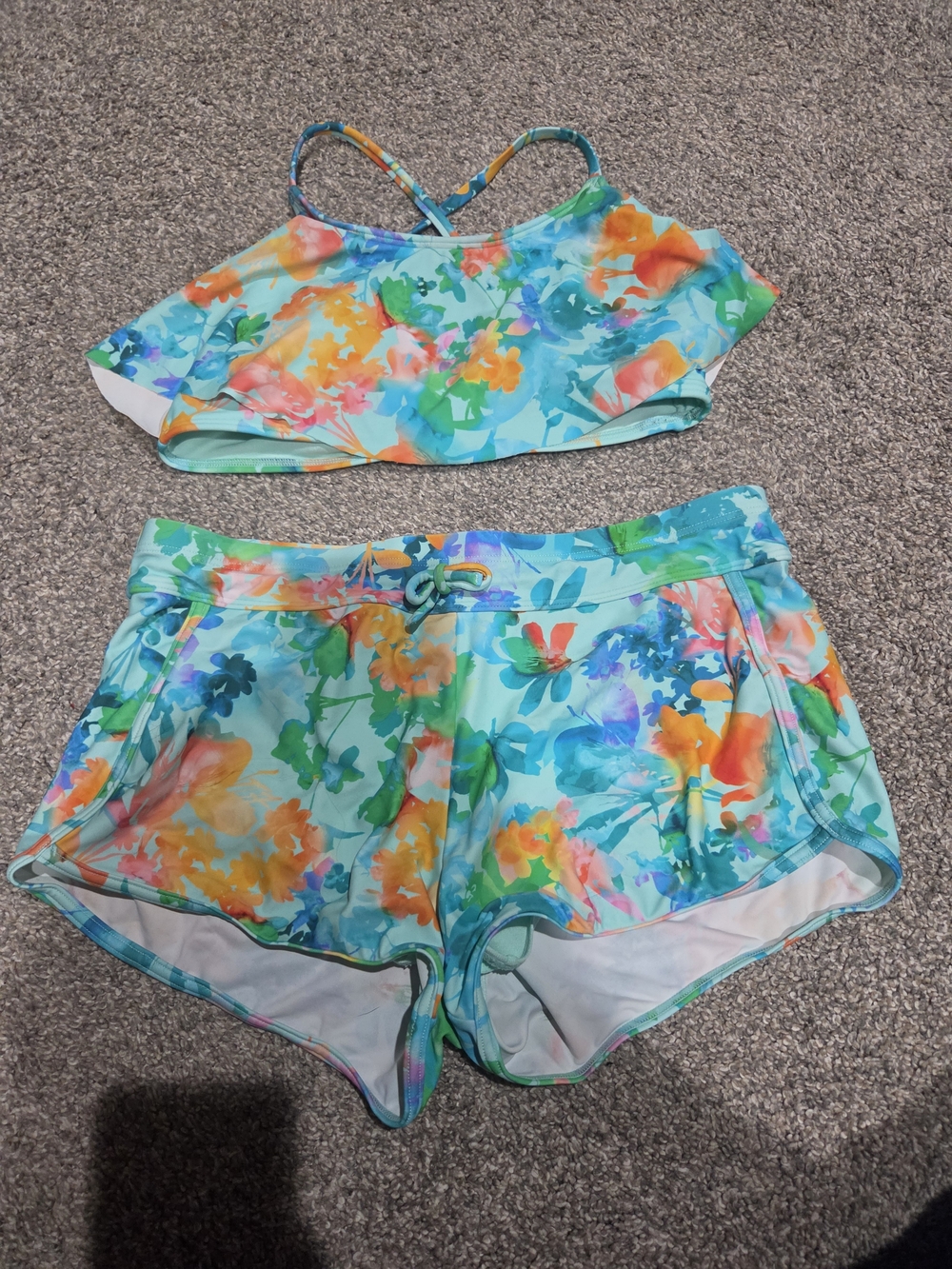 Athleta Girl Floral Crisscross Swim Top& Swim Shorts - Aqua Multi Girls Size XXL